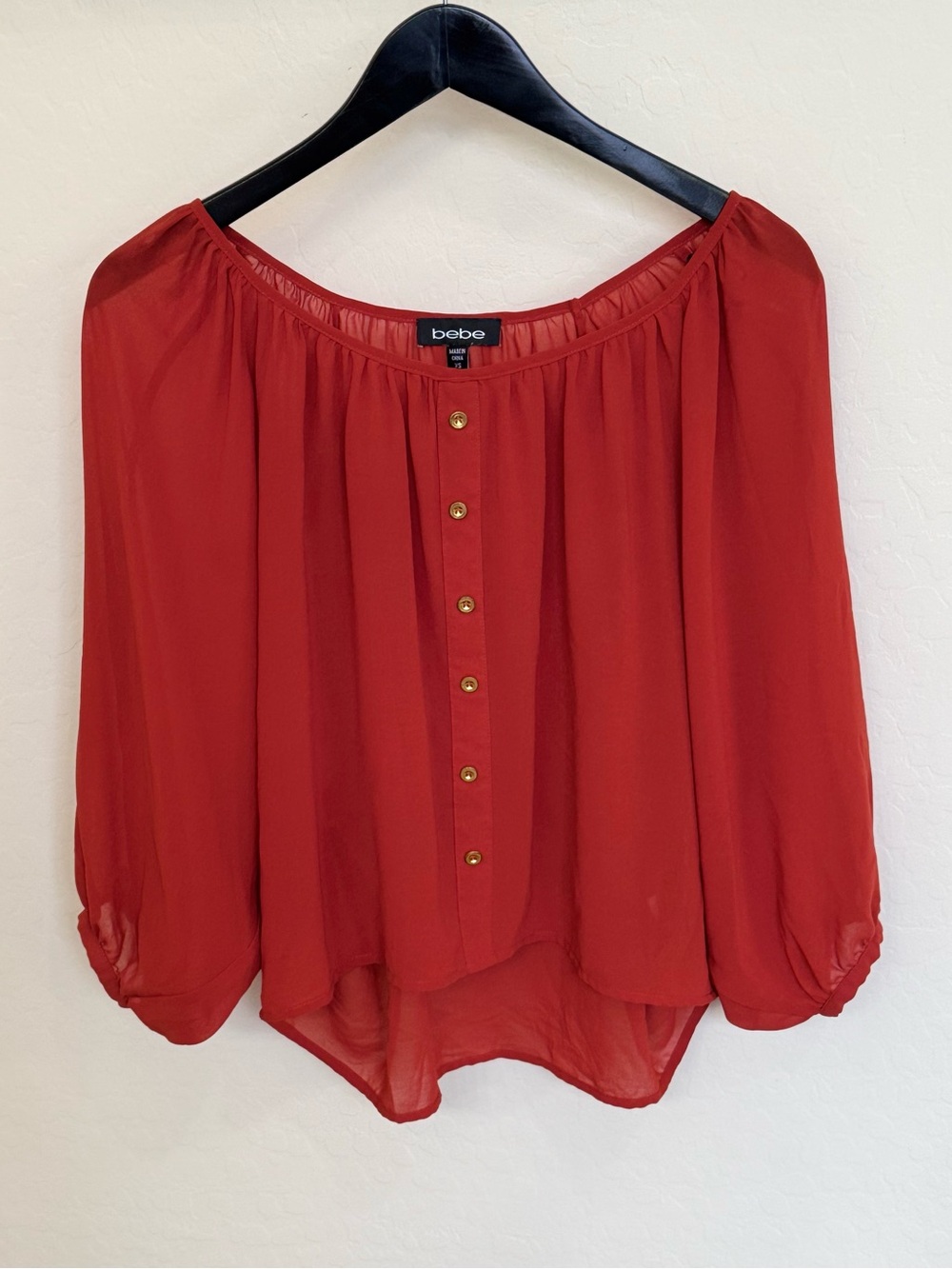 Bebe Red Sheer Off the Shoulder Blouse Chiffon Peasant Top Balloon Sleeve XS
